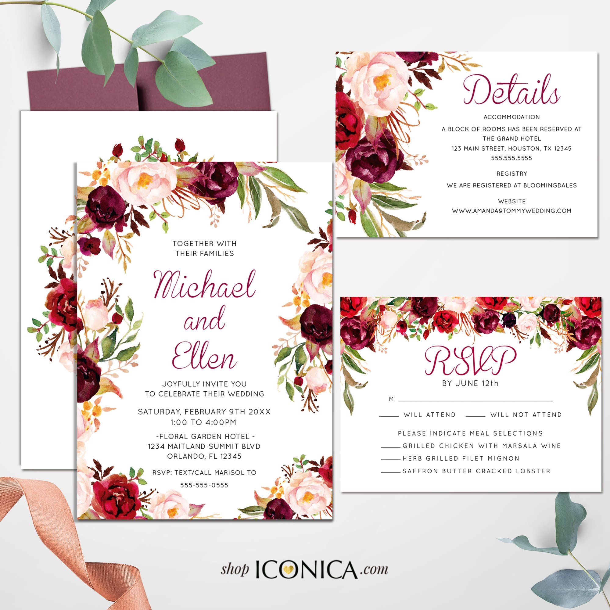 Undangan Pernikahan Floral Fall Red and Pink Invitation Burgundy Floral Invitation Printed Cards or Electronic Invite {Brigitte Collection} – 90 Signature Matte