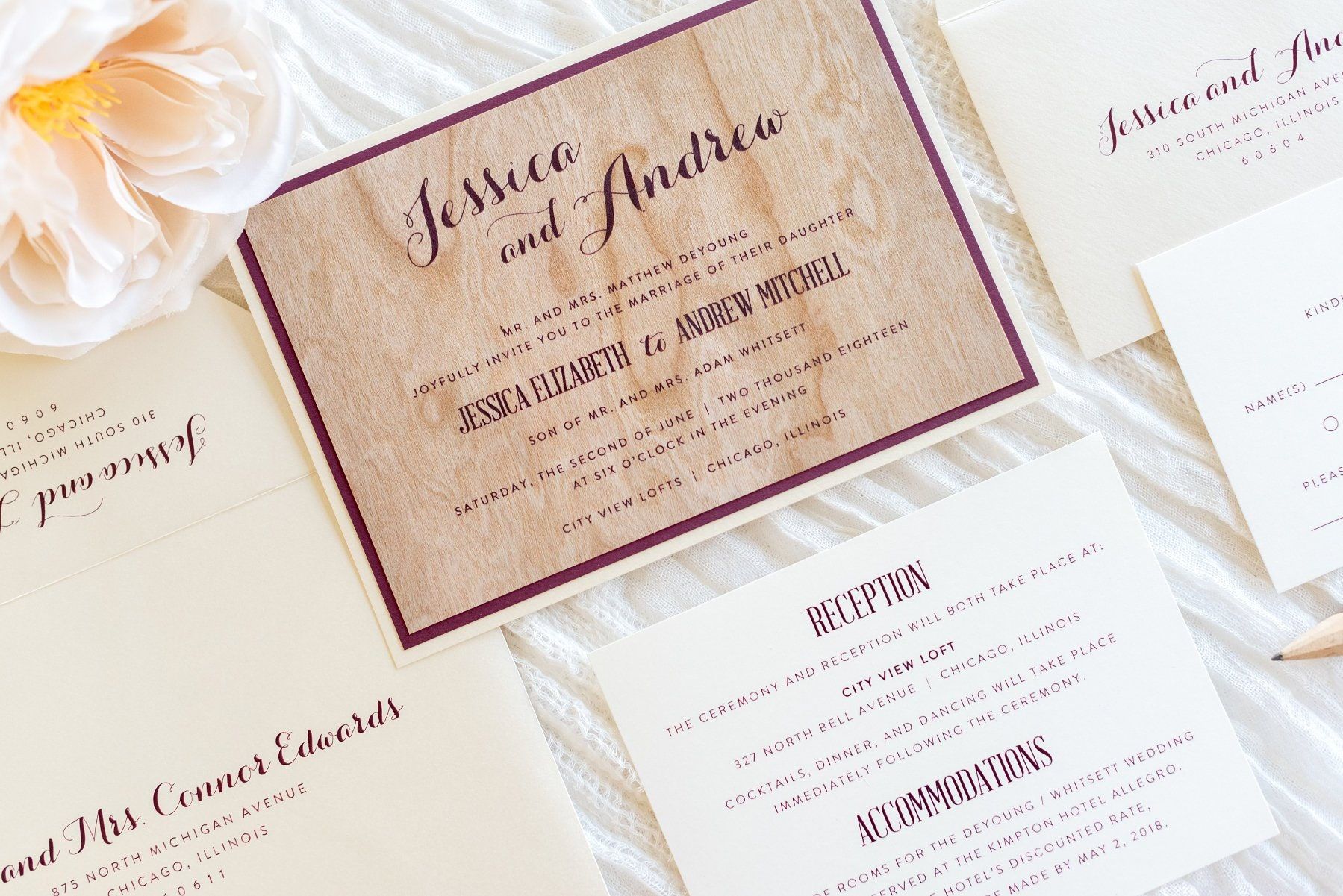 CONTOH UNDANGAN – Modern Rustic Real Cherry Wood Layered Wedding Invitation – Ivory, Champagne Shimmer, Burgundy – The Woodland Suite