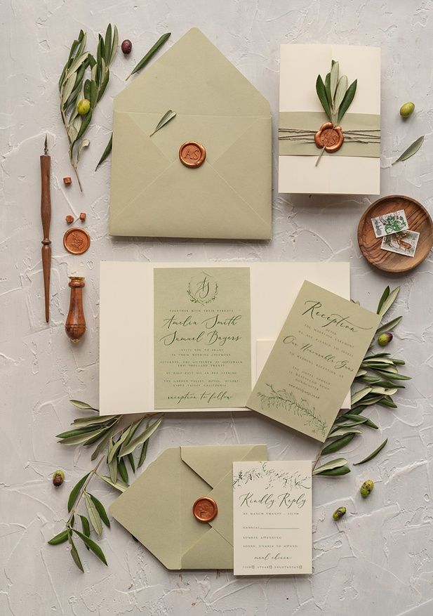 Olives Tuscany Wedding invitations, Elegant Simple wedding invitation Suite • Greek Travel Wedding Stationery • Natural Olives Luxury wedding Invites